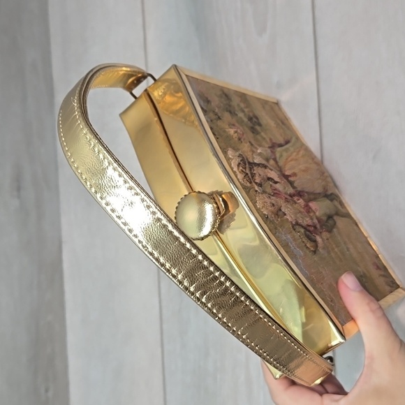 Vintag1960s TYROLEAN Bag Tapestry Cloth Embroidered Puffed Puffy Victorian Purse - Picture 6 of 13